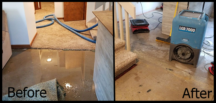 A flooded room in a home with water damage restoration equipment in Ludington, Michigan.